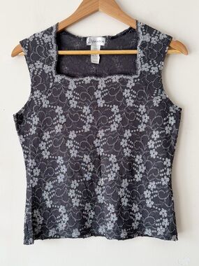 Gantos Vintage 90s Y2K Gray and Silver Metallic Floral Lace Square Neck Top M